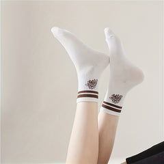 5 Pairs Striped Dino Ribbed Socks Breathable Mid Tube Women's Hosiery