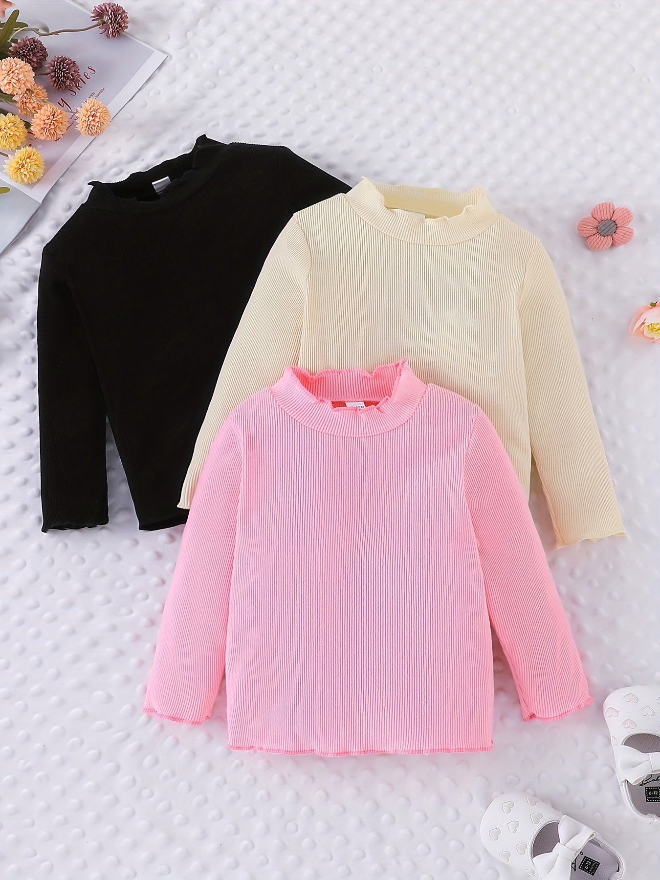 3pcs Baby Girl's Ruffled Long Sleeve Tops Blouse