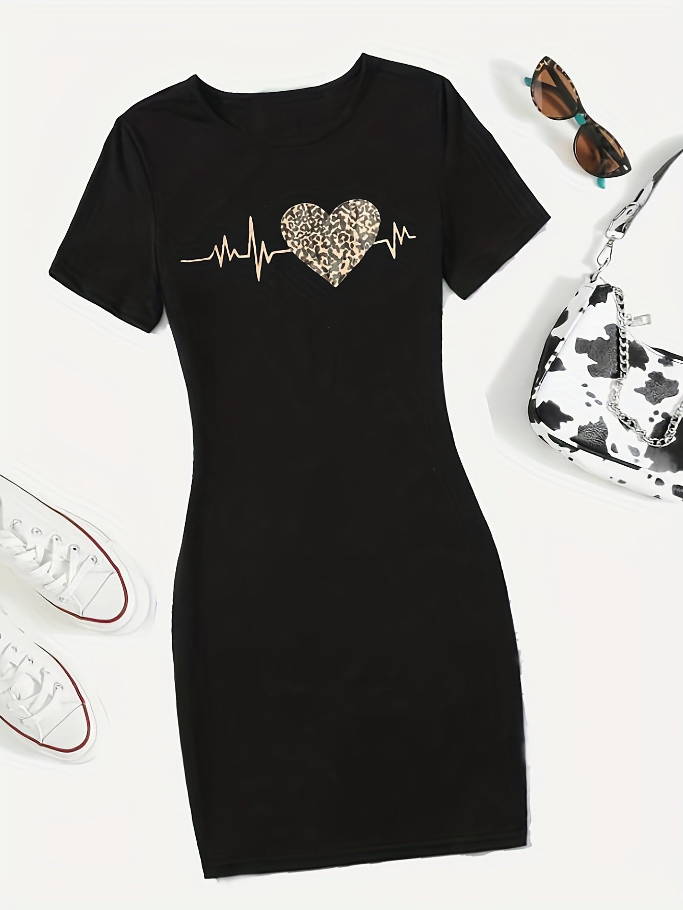Heart Print Tee Dress Short Sleeve Casual Women's Clothing