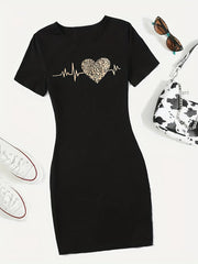 Heart Print Tee Dress Short Sleeve Casual Women's Clothing