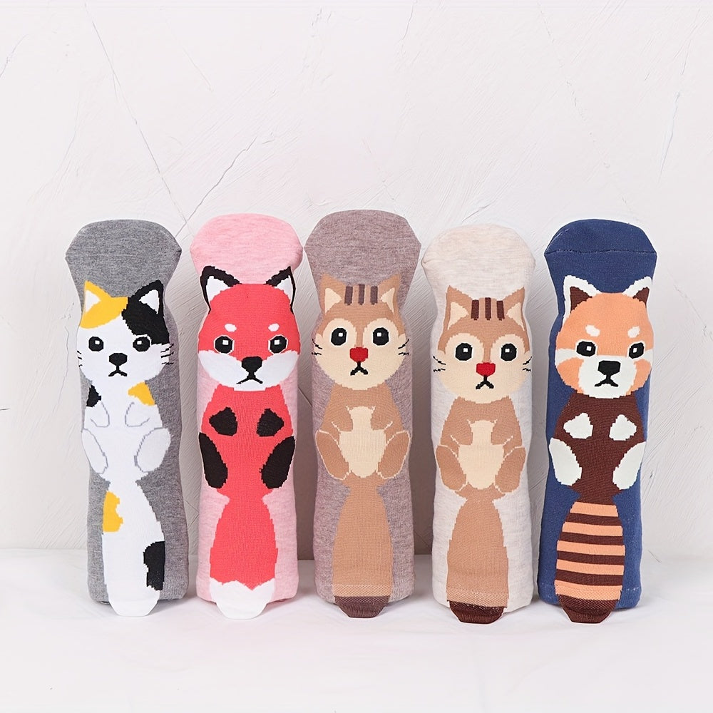 5 Pairs Girls Teens Animal Cat Fox Crew Socks Cotton Mid Tube Sports Socks