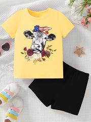 Bull Pattern Girl's 2pcs T Shirt & Shorts Set for Summer