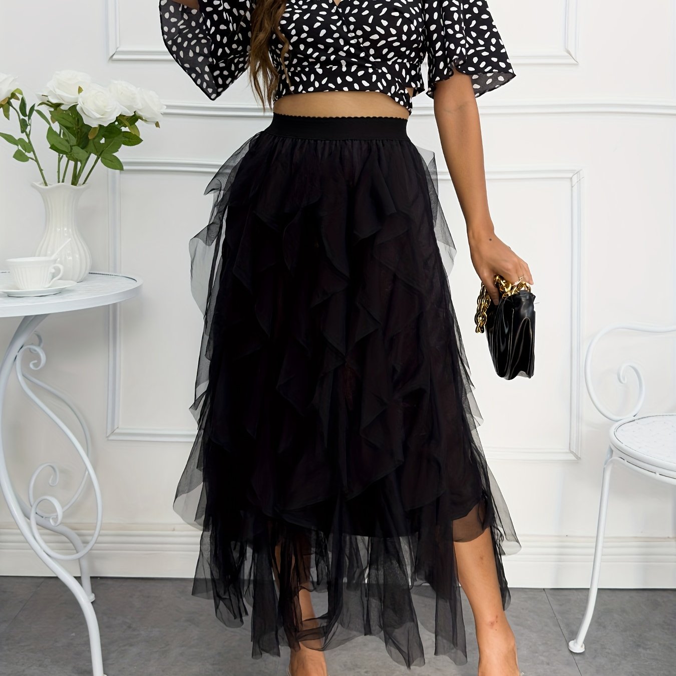 Mesh Ruffle Trim High Waist Skirt for Women