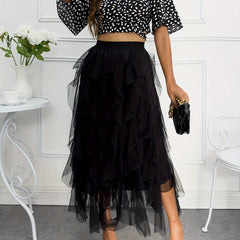 Mesh Ruffle Trim High Waist Skirt for Women