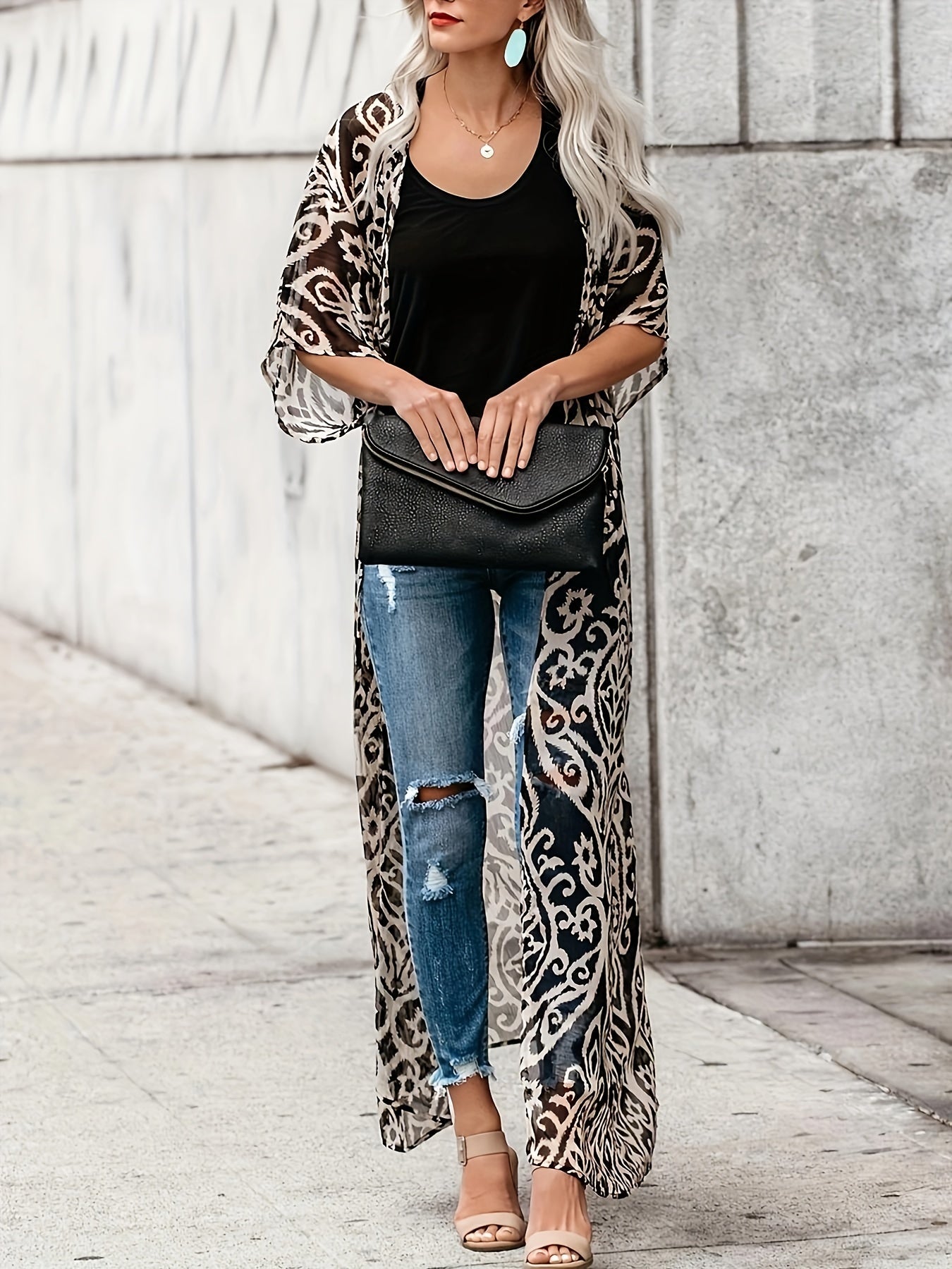 Tribal Print Boho Cover Up Maxi Kimono