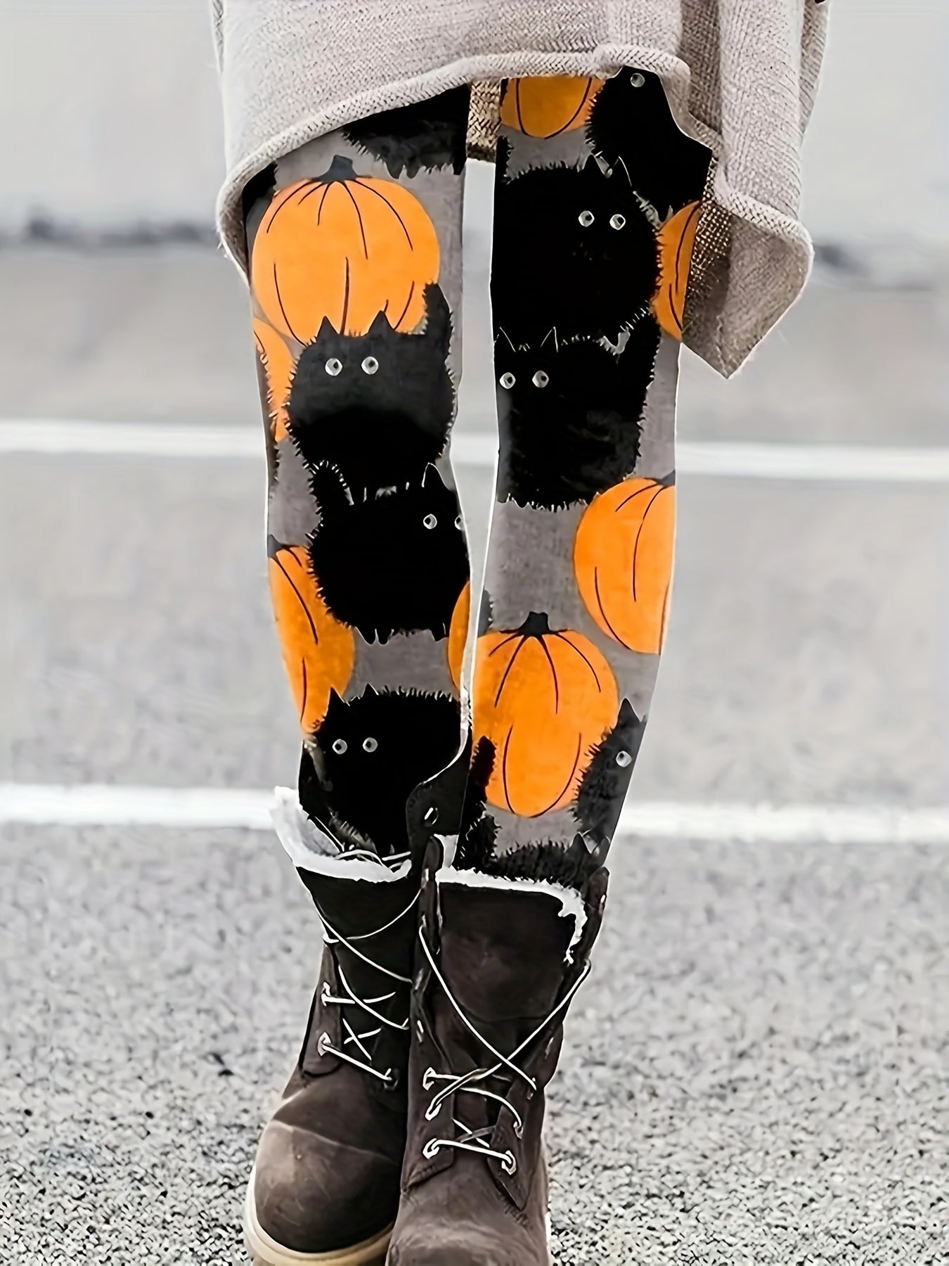 Halloween Cat & Pumpkin Print High Rise Leggings