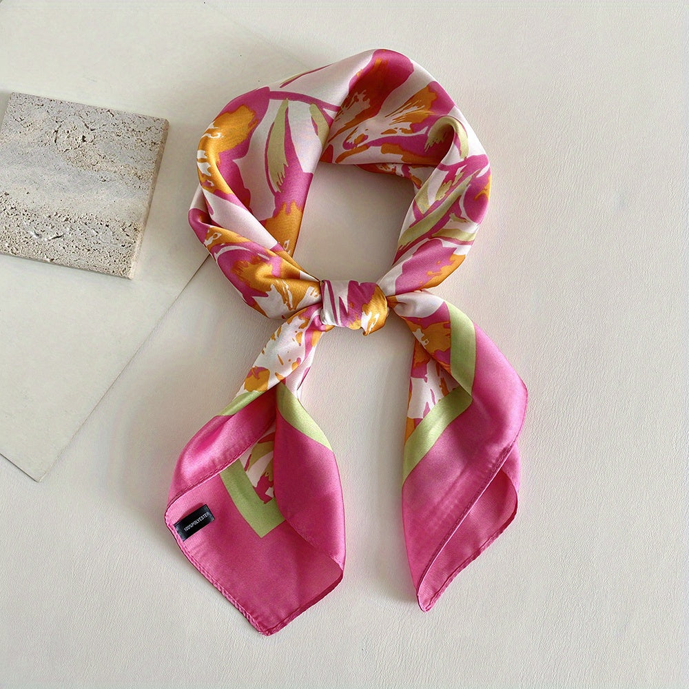 Flower Print Silk Square Scarf Bandana Head Wrap for Women