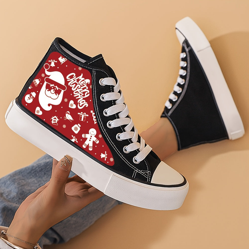 Xmas Santa Print Chunky Canvas Sneakers High Top Skate Shoes