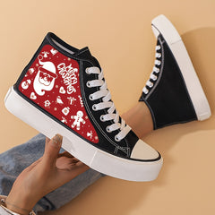 Xmas Santa Print Chunky Canvas Sneakers High Top Skate Shoes
