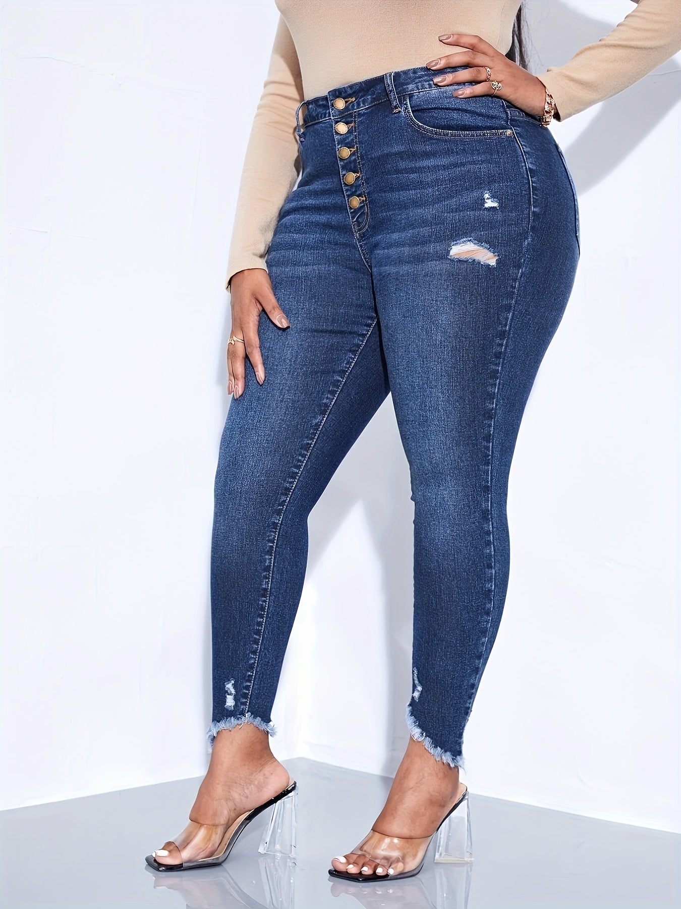 Washed Ripped Fringe High Stretch Jeans