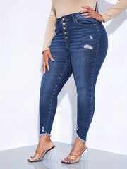 Washed Ripped Fringe High Stretch Jeans
