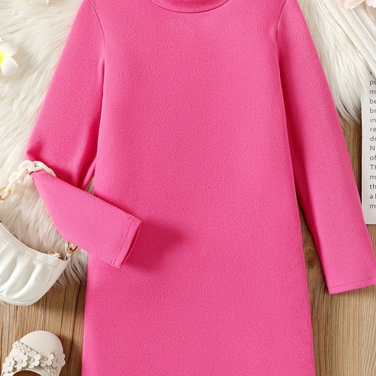 Kid Girl Solid Stand Collar Long Sleeve Knit Dress