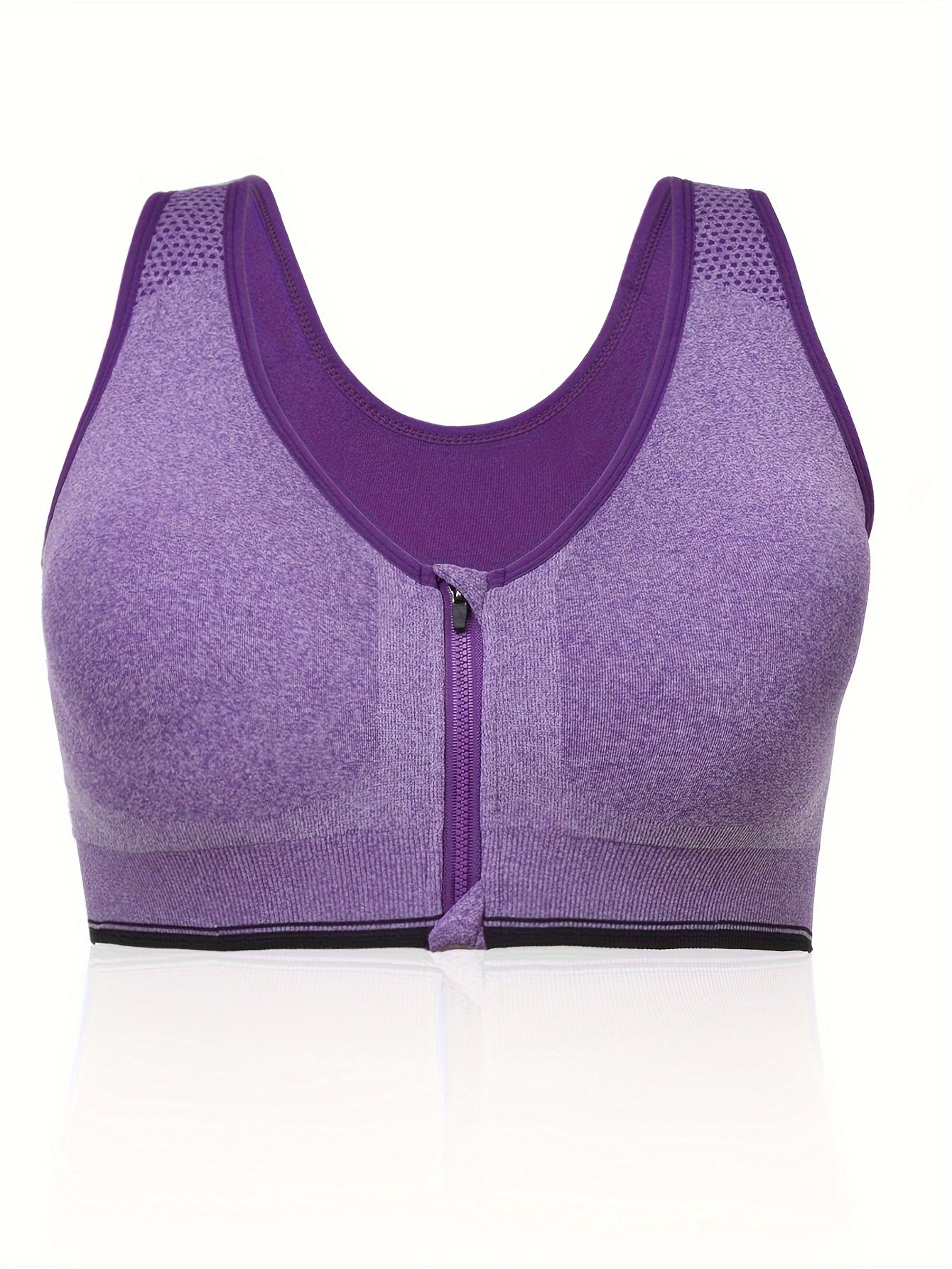 Plus Size Zipper Front Racer Back Sports Bra Wireless Running Gym Bra