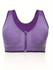 Plus Size Zipper Front Racer Back Sports Bra Wireless Running Gym Bra