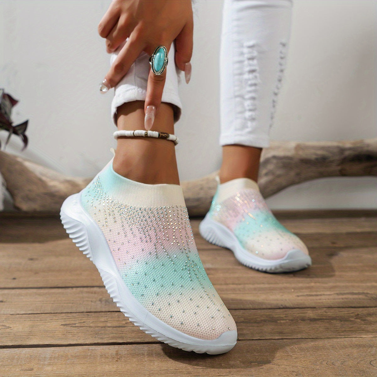 Women's Rhinestone Knit Sock Sneakers Lightweight Slip On Shoes