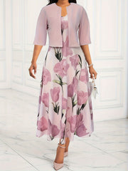 Solid Cardigan & Floral Maxi Dress Two Piece Set