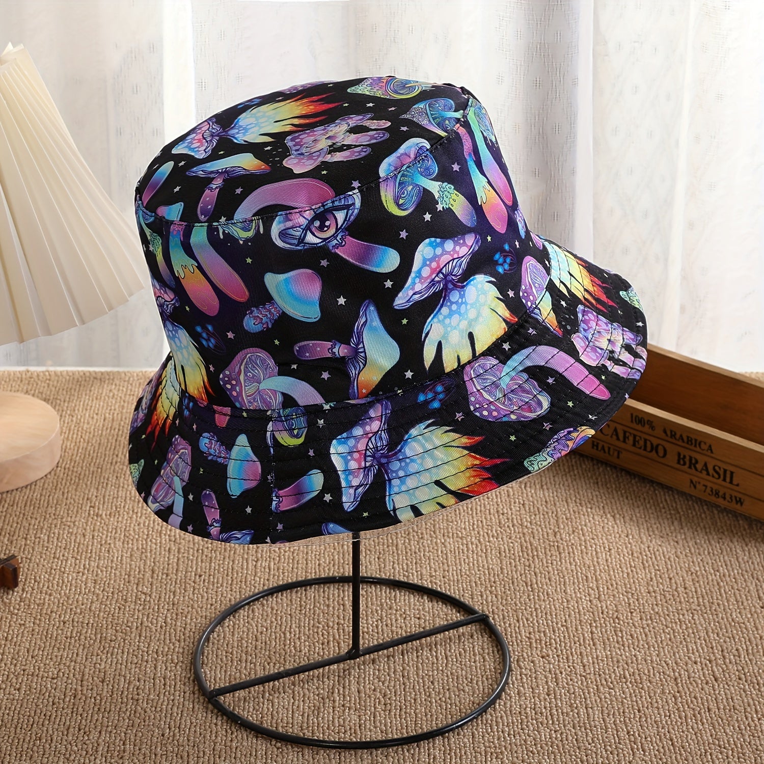 Men's Reversible Mushroom Eyes Print Bucket Hat