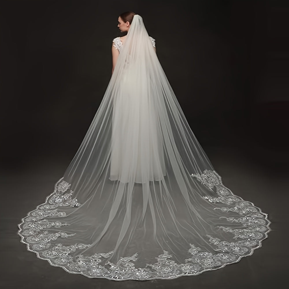 Vintage Wedding Veil Bridal Trail with Floral Lace Edge