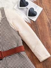 Girl's 2pcs Ribbed Top & Houndstooth Dress Set