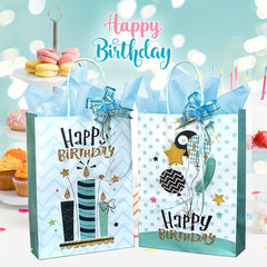 4pcs Happy Birthday Gift Bag Pink Series with Paper Wrappers & Ribbon Ties