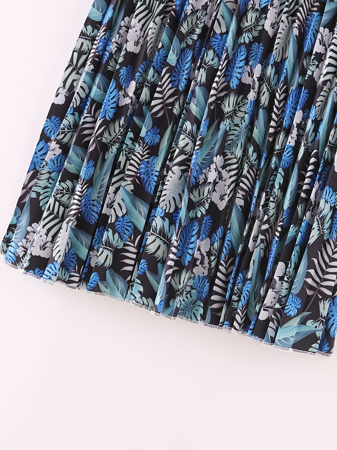 Boho Leaves Print Pleated Skirt with Tie Waist