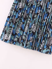 Boho Leaves Print Pleated Skirt with Tie Waist