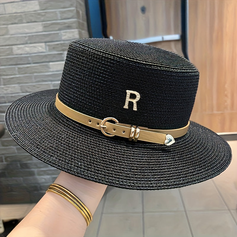 Wide Brim Straw Hat Metal Letter Belt Beach Sun Hat