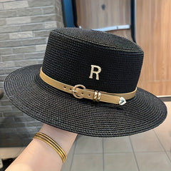Wide Brim Straw Hat Metal Letter Belt Beach Sun Hat