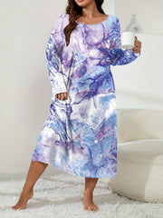 Tie Dye Long Sleeve Round Neck Sleep Dress