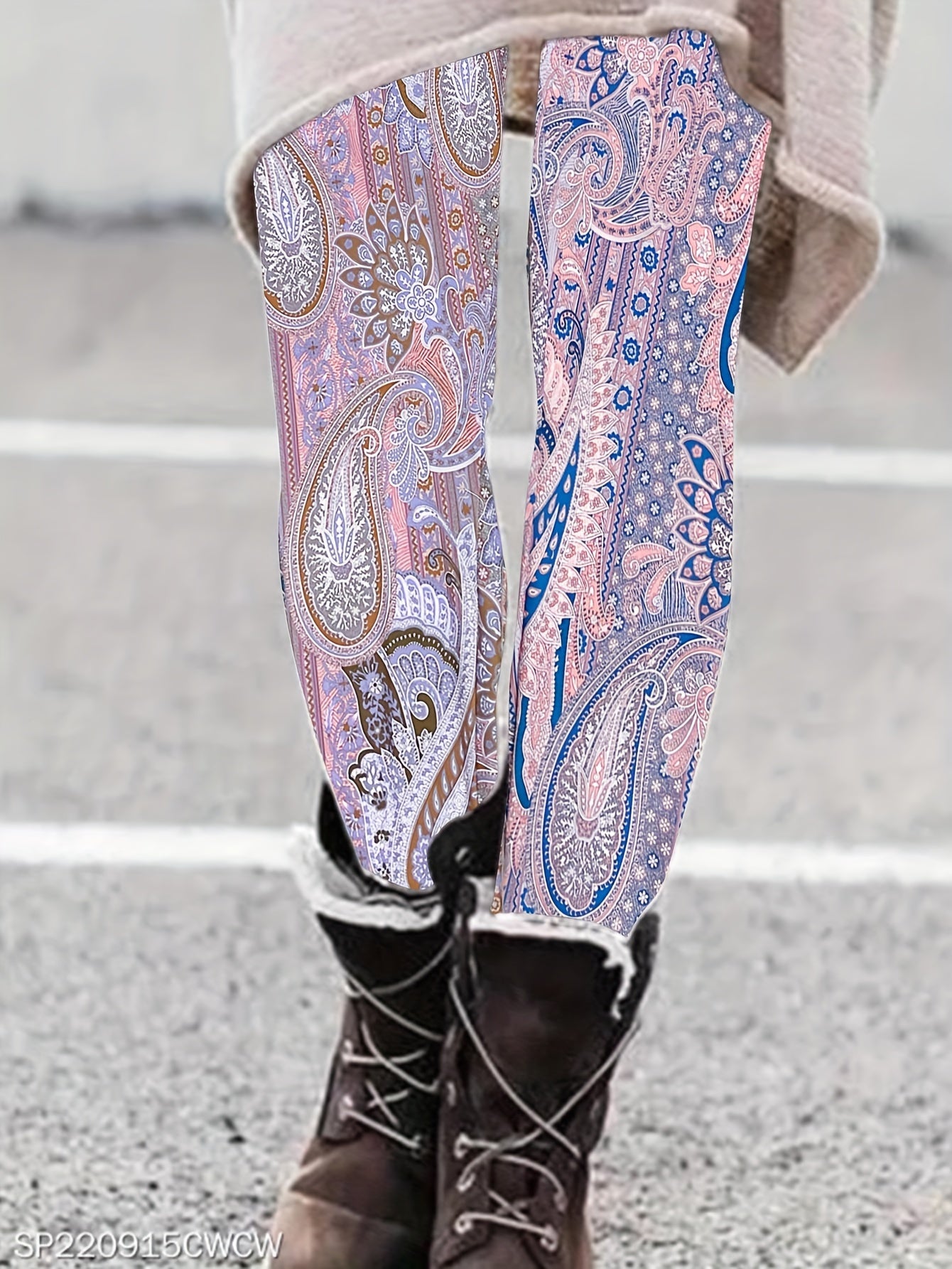 Boho Leggings Women's Plus Paisley Print Elastic High Rise