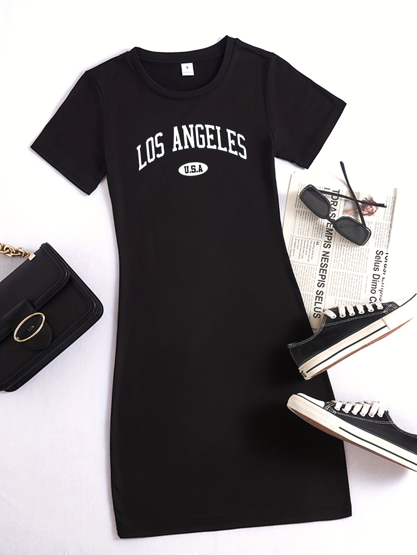 Letter Print Bodycon Dress Crew Neck Short Sleeve Casual Dress