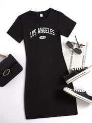 Letter Print Bodycon Dress Crew Neck Short Sleeve Casual Dress