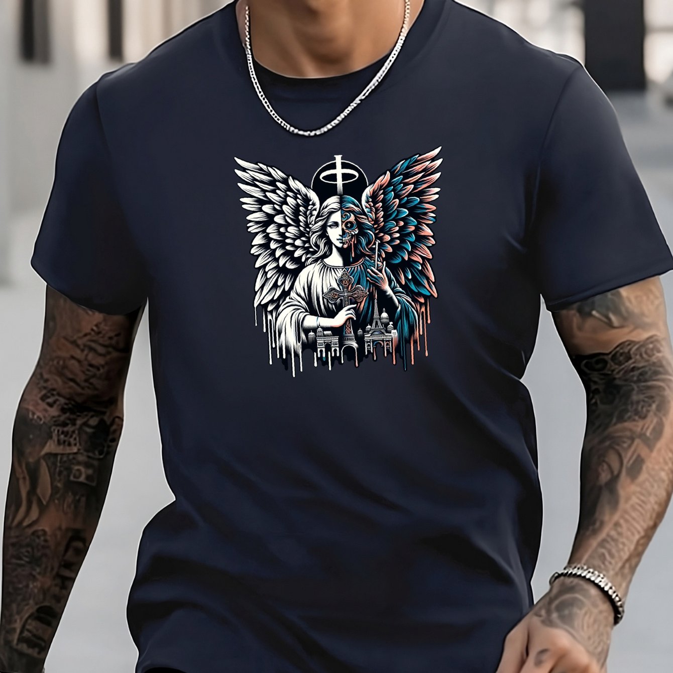 Men's Angle Pattern Shirt Stylish Crew Neck Tee Top