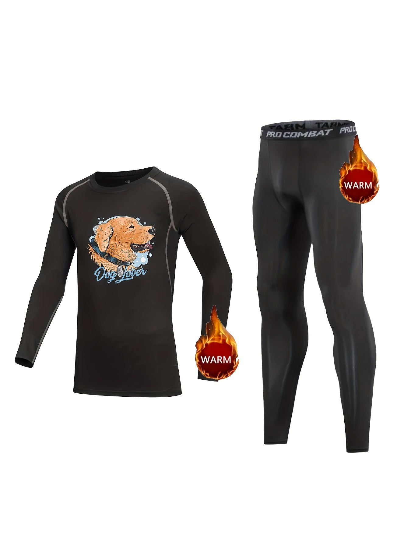 2pcs Kids Fleece Lined Compression Base Set Dog Print Long Sleeve