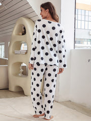 Polka Dot Pajama Set Long Sleeve Crew Neck Top & Pants Women's Sleepwear