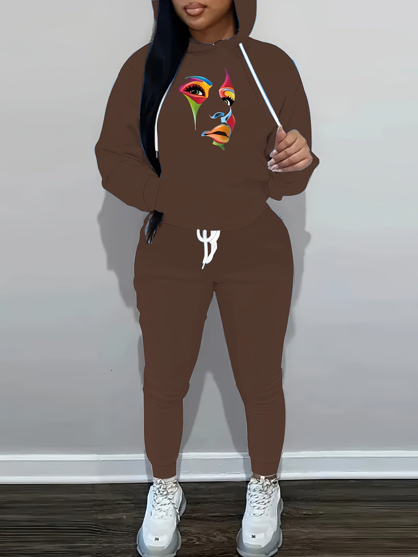 Women's Plus Abstract Face Print Hoodie & Joggers Set
