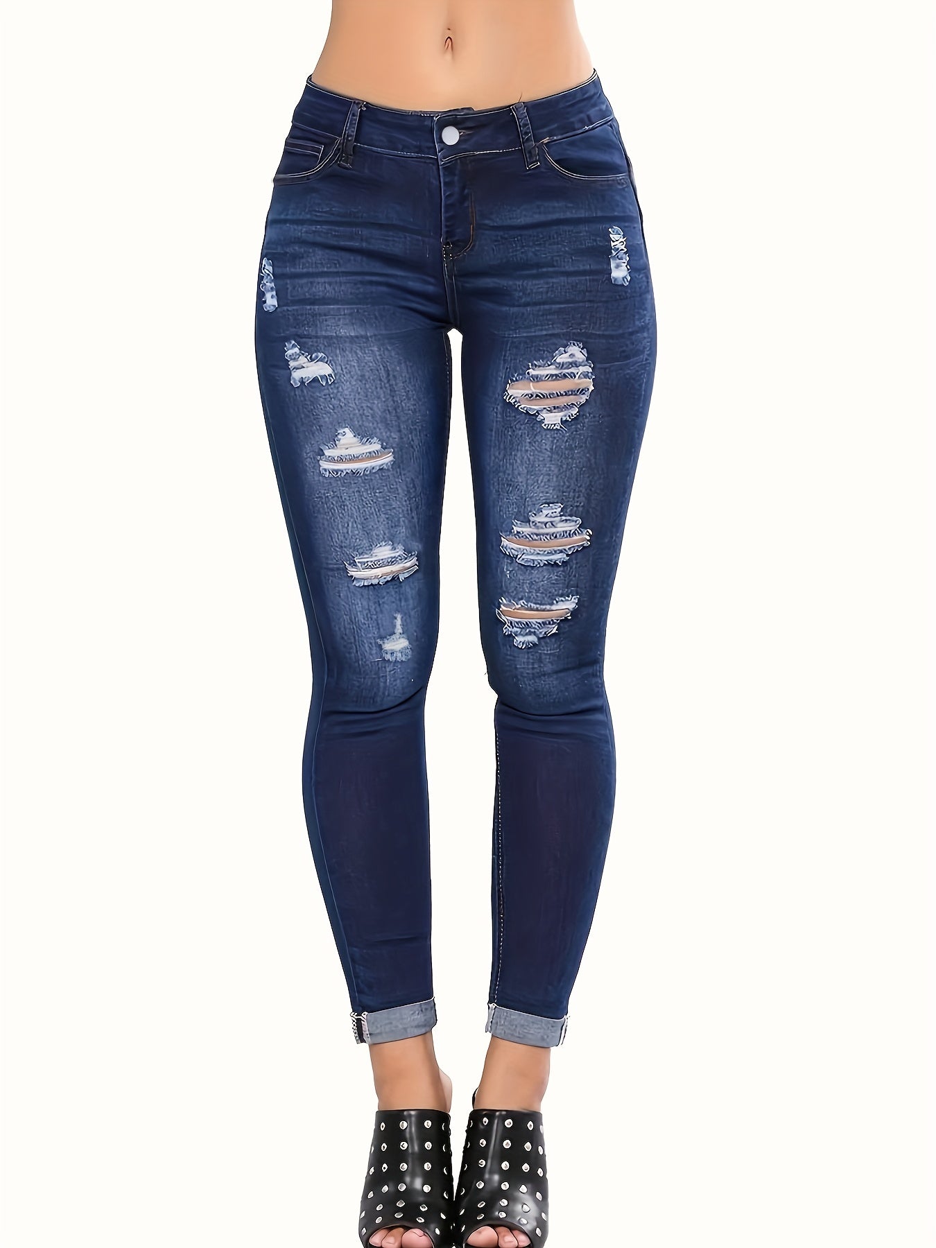 Navy Ripped Skinny Jeans High Stretch Denim Pants Women's Clothing
