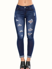 Navy Ripped Skinny Jeans High Stretch Denim Pants Women's Clothing