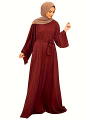 Retro Abaya Dress Women's Plus Solid Lantern Sleeve Maxi Jalabiya Dres