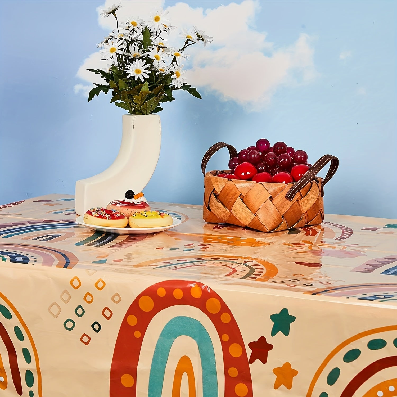 2pcs Rainbow Tablecloth Bohemian Cloud Rectangle Plastic Table Cover