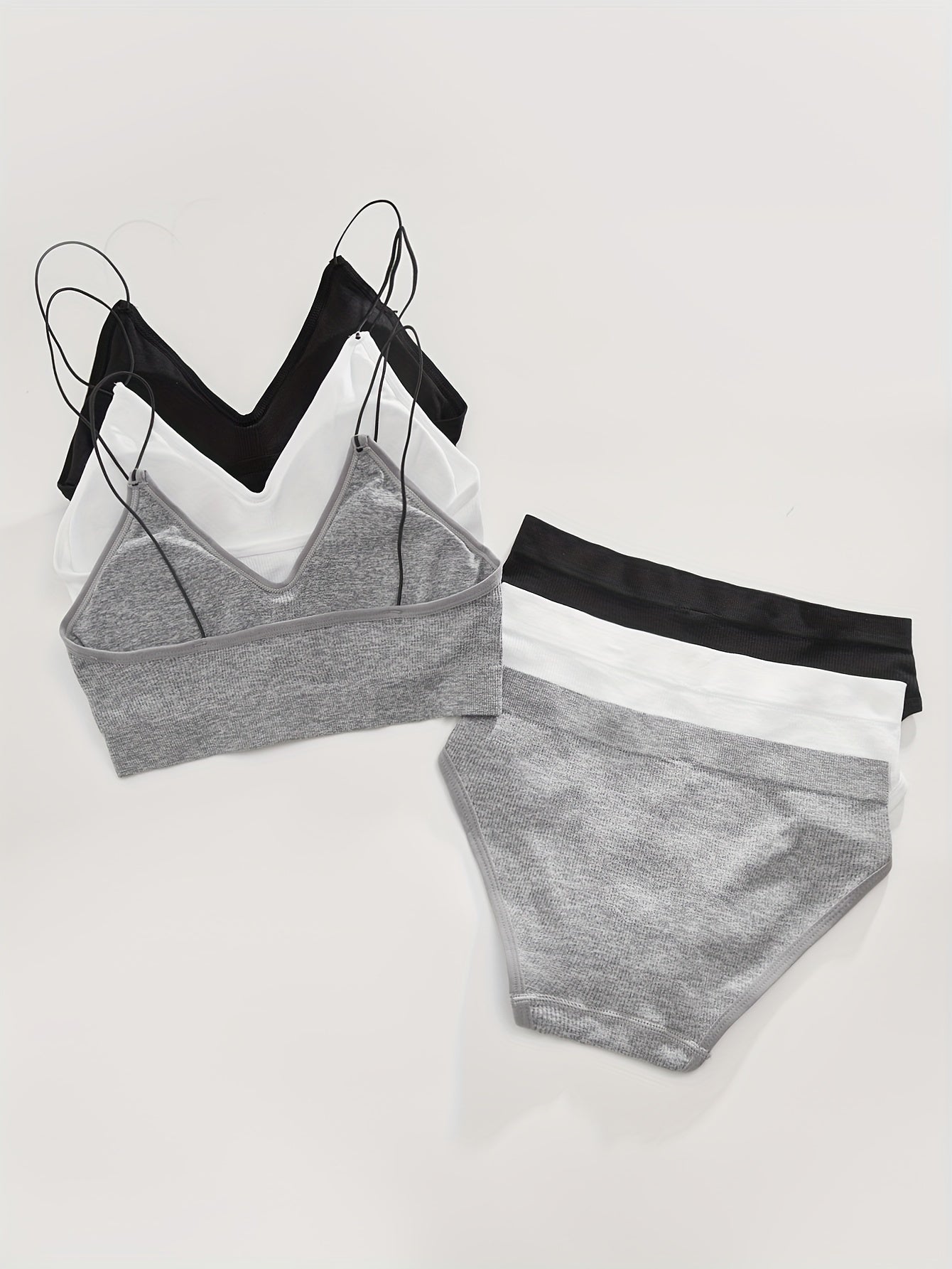 3 Sets Ribbed Bra & Panties Wireless Lingerie Women's Underwear