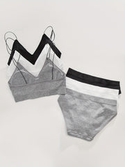 3 Sets Ribbed Bra & Panties Wireless Lingerie Women's Underwear