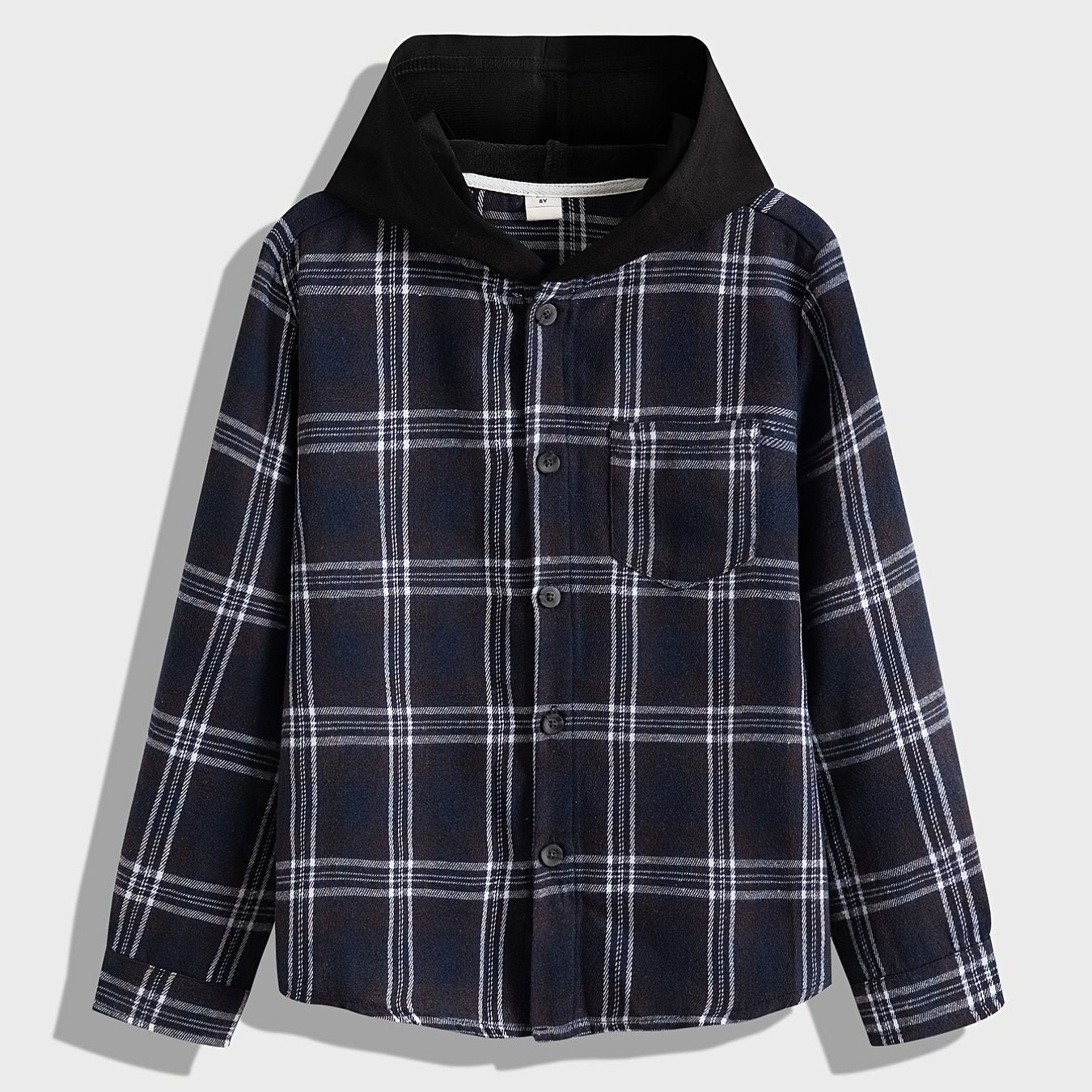 Boys Flannel Hooded Plaid Shirts Button Long Sleeve Tops
