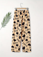 Heart Print Sleep Bottom Cozy Elastic Waist Long Pants