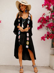 Boho Crochet Cold Shoulder Dress Loose V Neck Beach Holiday Dress