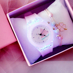 Colorful Glow Silicone Quartz Watch & Four leaf Clover Pendant