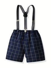 Boys Plaid Suspender Shorts Preppy Style