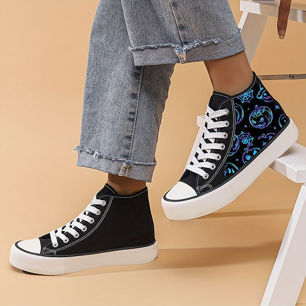 Colorful Pumpkin & Spider Net High Top Canvas Sneakers