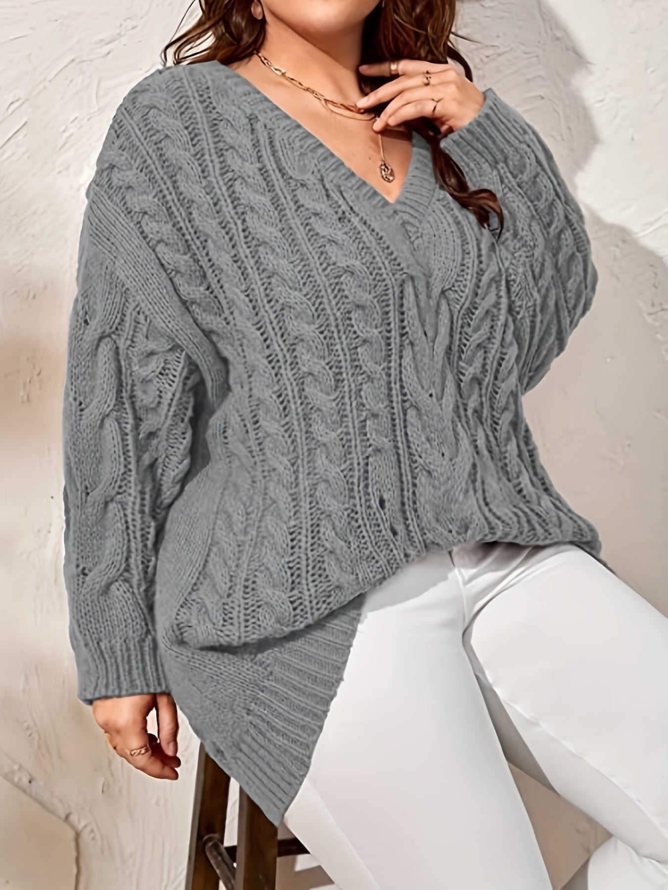 Casual Sweater Women's Solid Cable V Neck Jumper