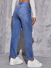 High Waist Distressed Denim Pants Women's Jeans